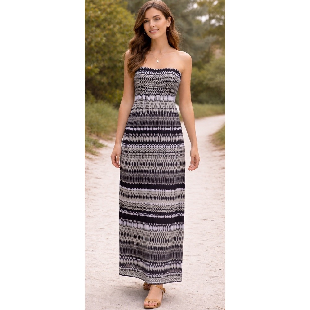 Soma Intimates Women Maxi Dress Strapless Black/Tan Abstract Size S Empire Waist